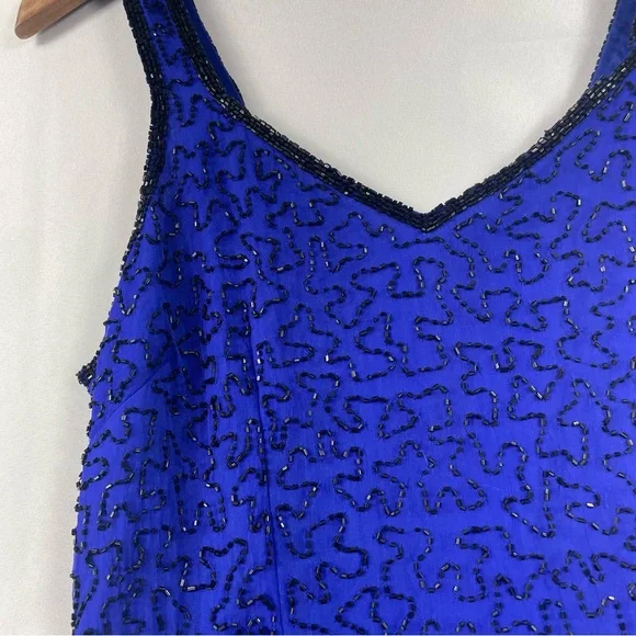 NWT Shalimar Silk Beaded Gown Med Blue Dress Evening Glam Artsy Elegant Maxi 90s